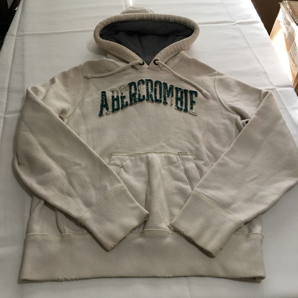 Abercrombie & Fitch Y2K Hoodie Mens Medium Cream Distressed Sweatshirt Pullover